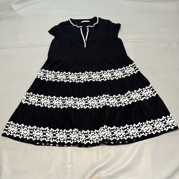 Roller Rabbit Women Midi Dress Black White Embroider Tier Cottage Prairie-S-3174 - Picture 1 of 11